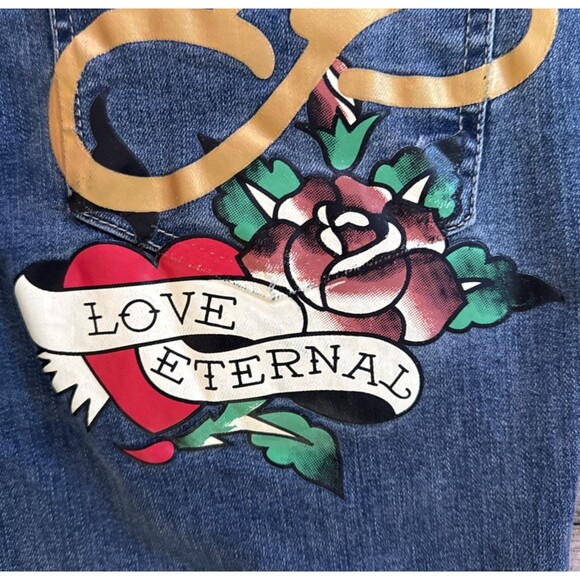 Ed Hardy Embroidered True Love Flare Jeans Womens 26 Love Eternal Spellout NEW - Picture 7 of 15